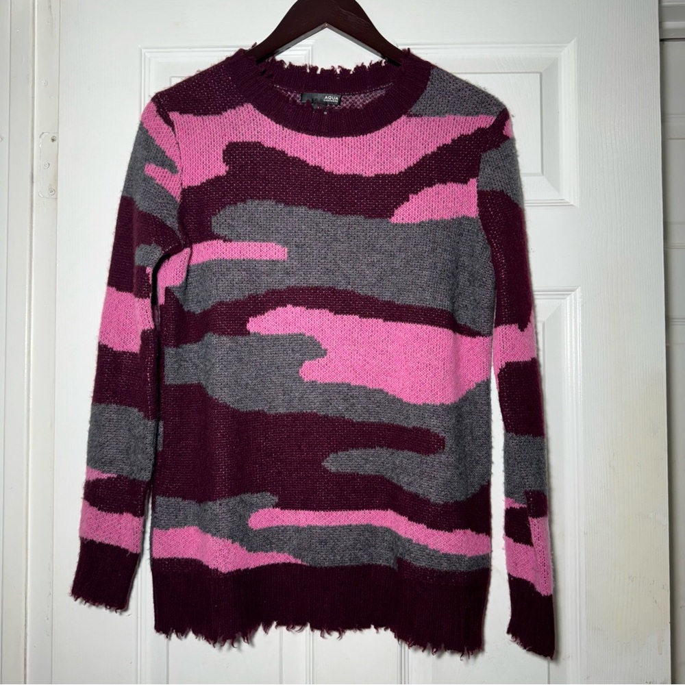 Aqua • 100% Cashmere Sweater • Pink Purple Gray • XS • Raw Hem • Distressed